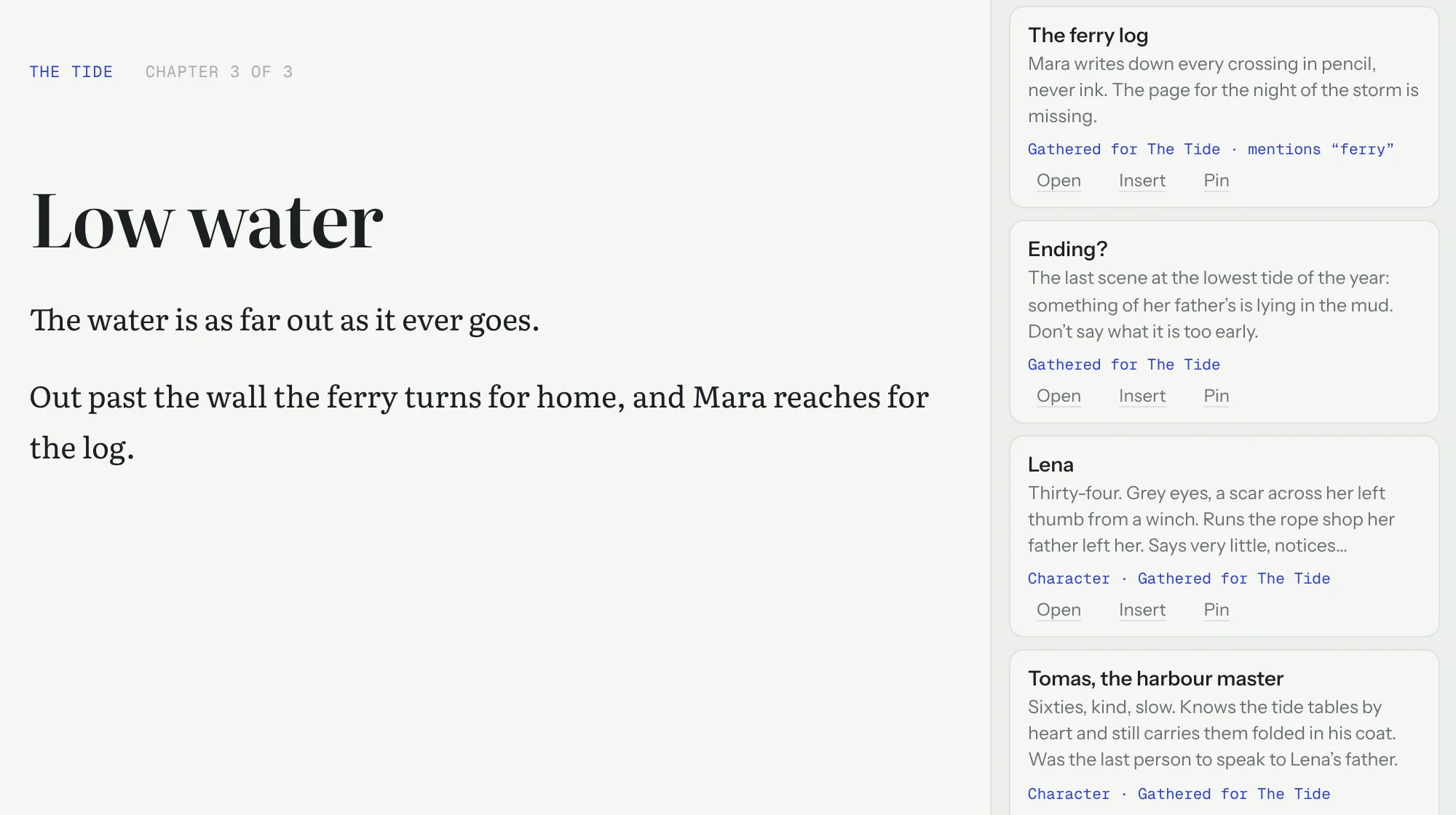 Muninn on a computer. On the left, chapter 3 of The Tide: “Out past the wall the ferry turns for home, and Mara reaches for the log.” On the right, the notes for this story, with “The ferry log” at the top, marked Gathered for The Tide, mentions ferry.
