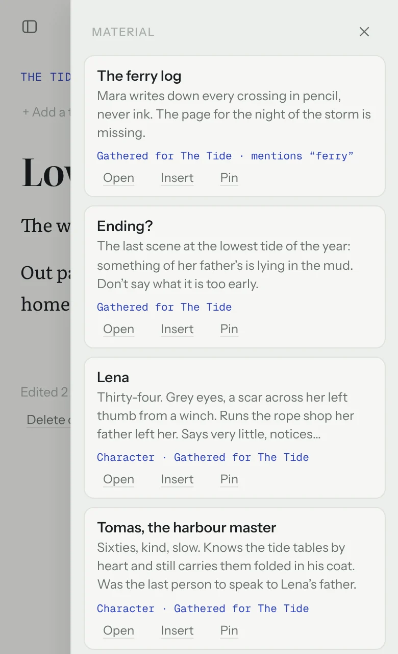 Muninn on a phone: the notes for The Tide open beside chapter 3, with “The ferry log” at the top, marked mentions ferry.
