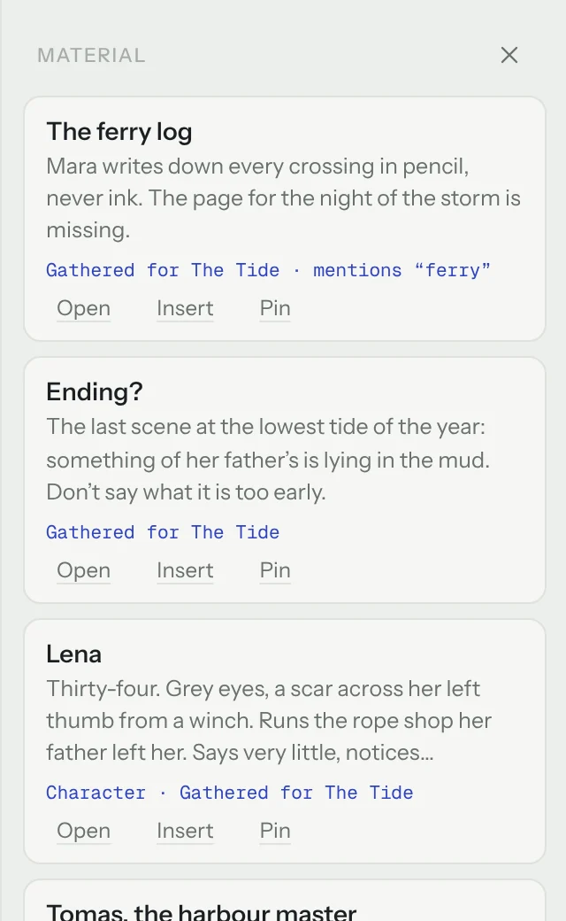The material panel: The ferry log, marked mentions ferry, then other notes gathered for The Tide.